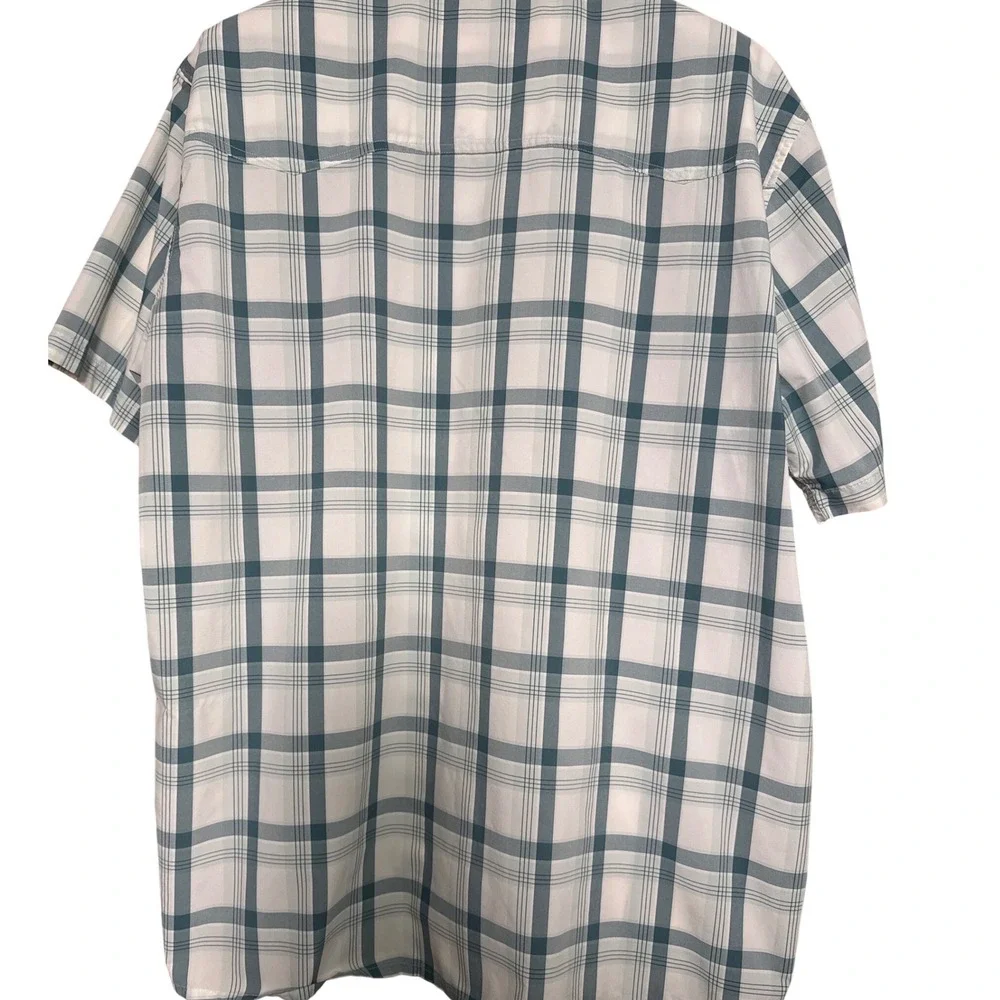 Patagonia Mens XXL Plaid Short Sleeve‎ Button Up Shirt Teal White Zipper Pockets